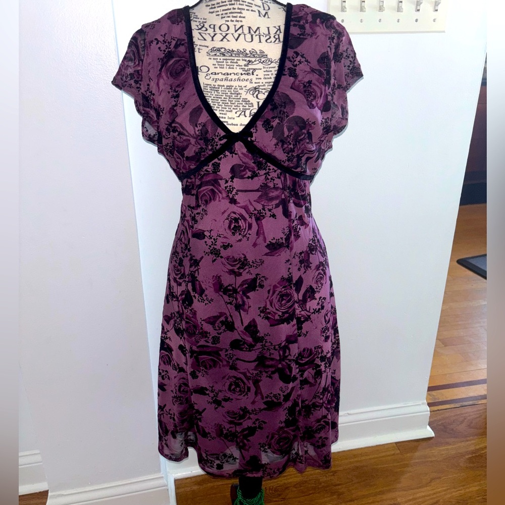 Purple floral Midi Dress with Flutter Sleeves